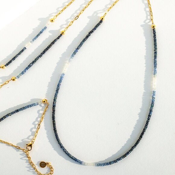 Ombre Sapphire Necklace + Bracelet Set Waterproof Gold Gemstone Jewelry Gift - Picture 2 of 15